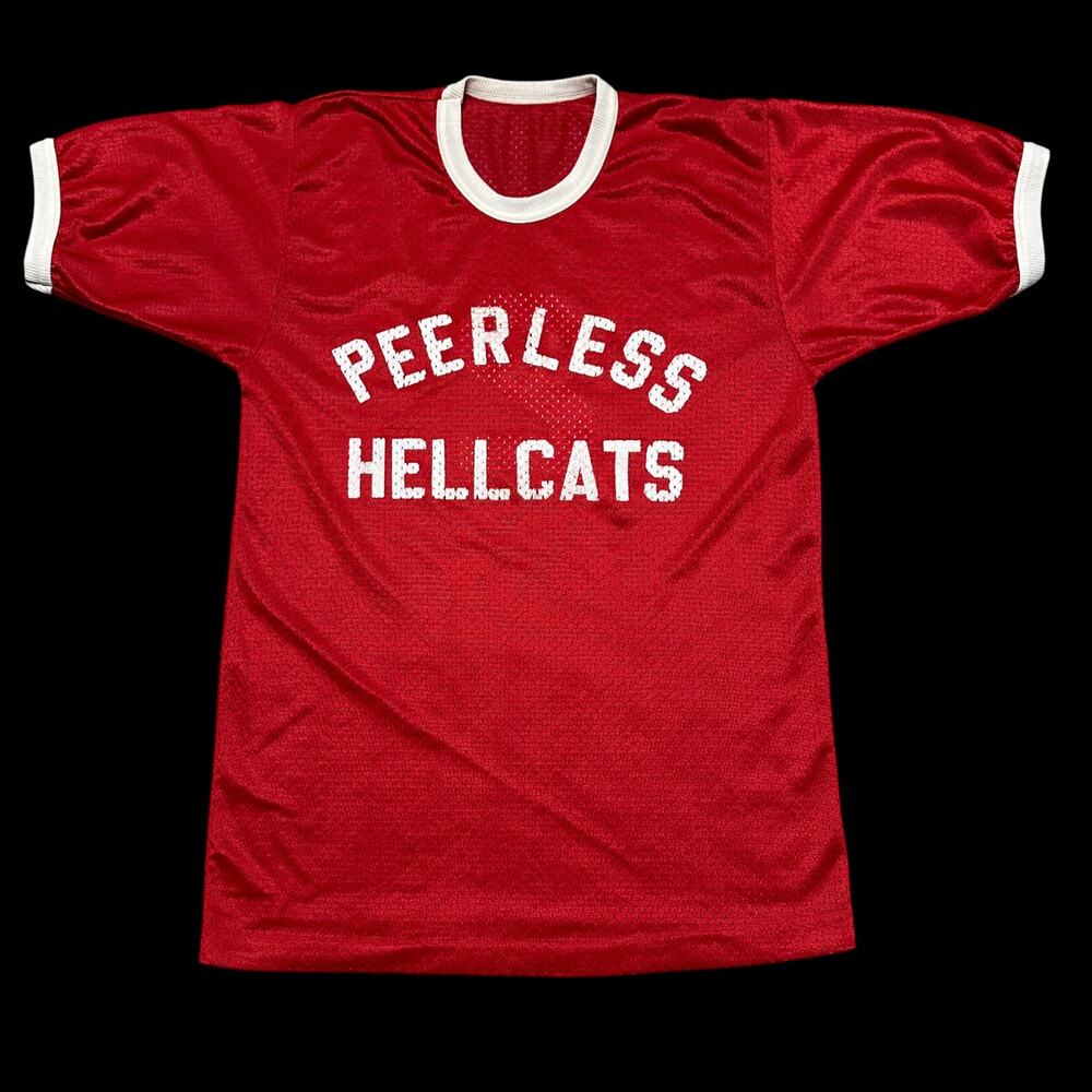 Vintage 70s Peerless Hellcats Softball Womens Tee Shirt Mesh Jersey Red Sz L